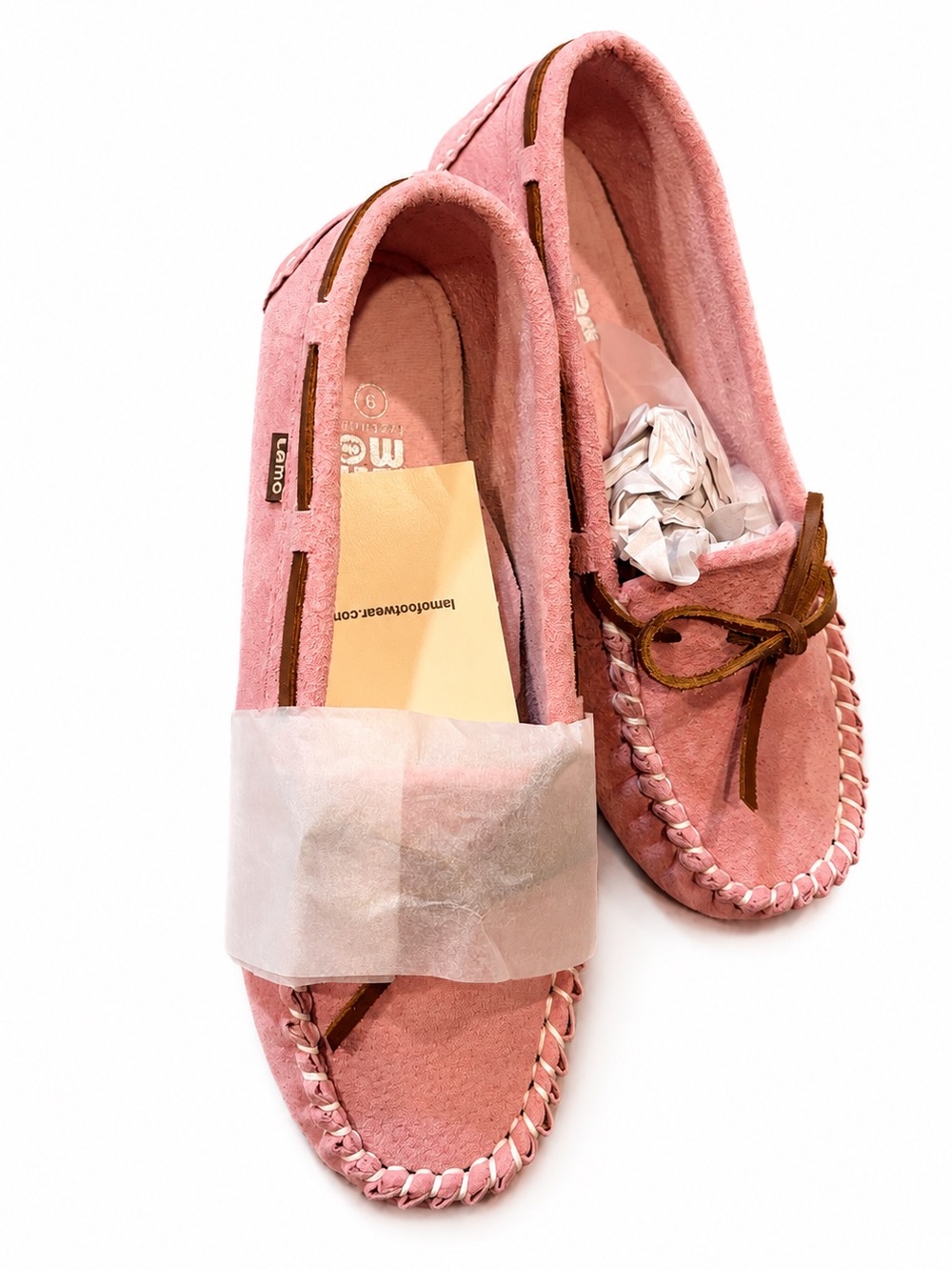 Lamo Pink Suede Moccasins with Brown Leather Laces